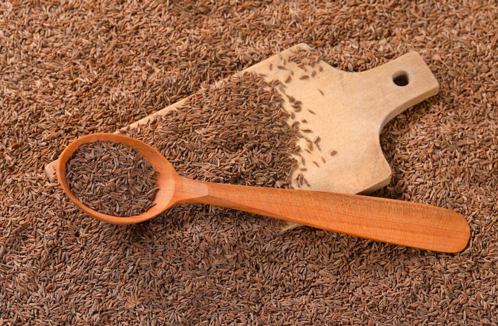 spoon of caraway seeds on wooden cutting board - full frame